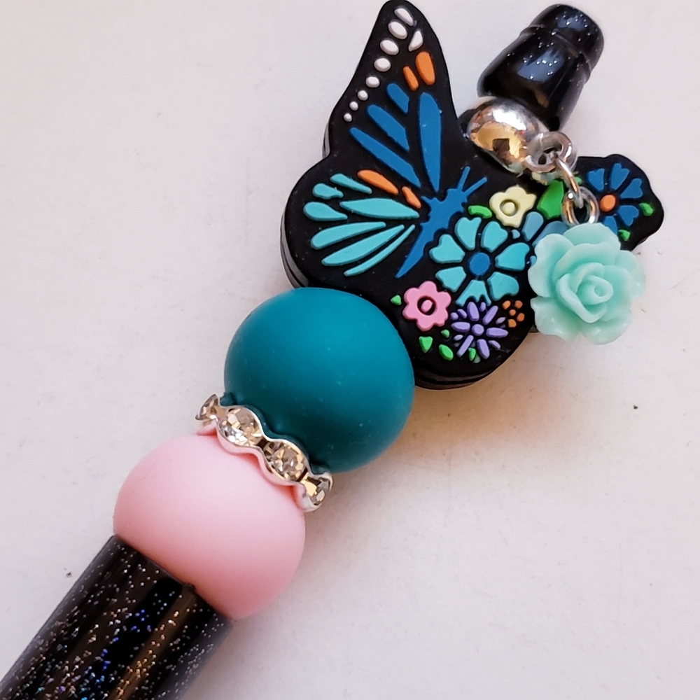 Handmade Blue Flower Butterfly Beaded Silicone Focal Bead Pen
